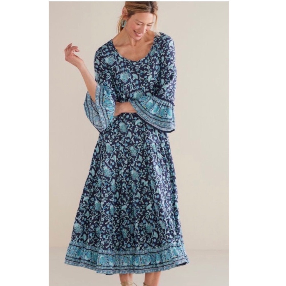 Soft Surroundings Maxi Dress Womens 2X Blue New Bohemian Floral Bell Sleeve boho